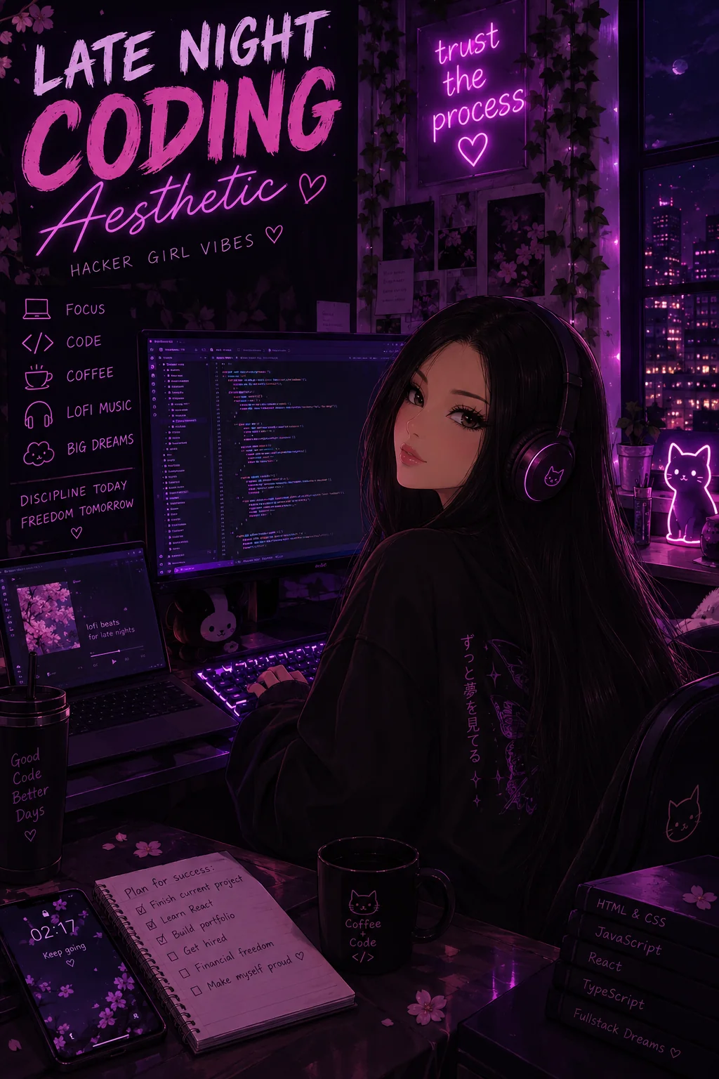 A pastel pink desk setup with a laptop open to a code editor